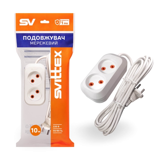 Подовжувач мережевий 2 гнізда, 10м, без з/к, білий, SV-009-10, Svittex