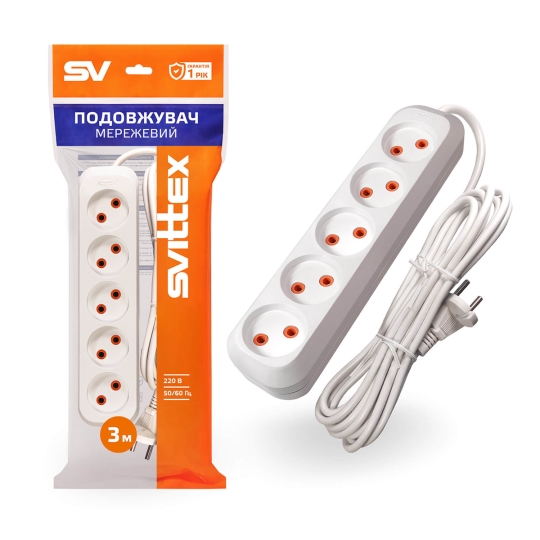 Подовжувач мережевий 5 гнізд, 3м, без з/к, білий, SV-014-3, Svittex