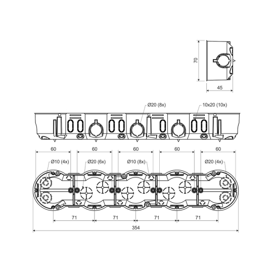 KP 64/5_KA Коробка установча п'ятирна 354х70х45мм в повнотілі стіни, світло-сіра, KOPOS