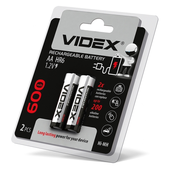 Акумуляторні батарейки HR6/AA, 600mAh, double blister, Videx (уп./2шт.)