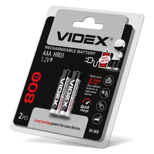 Акумуляторні батарейки HR03/AAA, 800mAh, double blister, Videx (уп./2шт.)