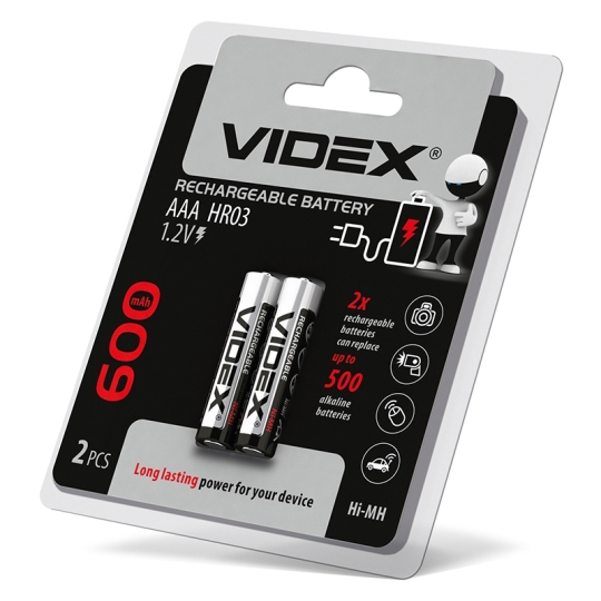 Акумуляторні батарейки HR03/AAA, 600mAh, double blister, Videx (уп./2шт.)