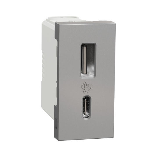 NU301630 Розетка з USB тип A+C, 2,4А, 12Вт, 1 модуль, алюміній, New Unica, Schneider Electric