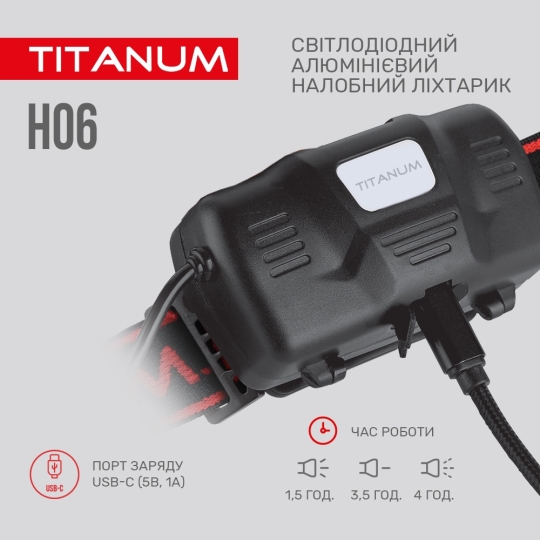 Ліхтарик світлодіодний налобний 10 Вт, чорний, TLF-H06, TITANUM