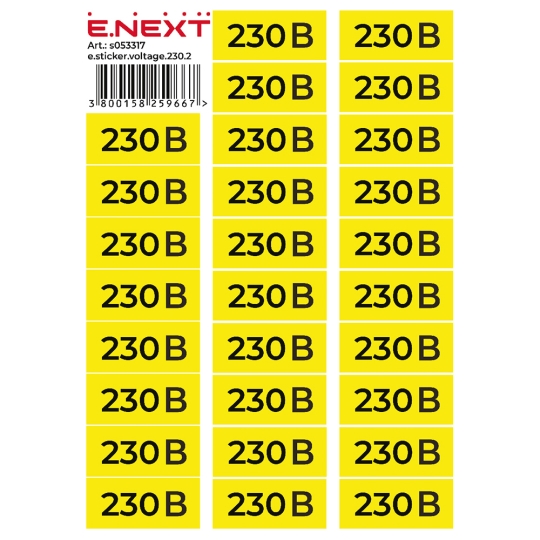 s053317 Самоклеюча наліпка "230В" e.sticker.voltage.230.2 (90х38мм) 26 шт/аркуш Enext