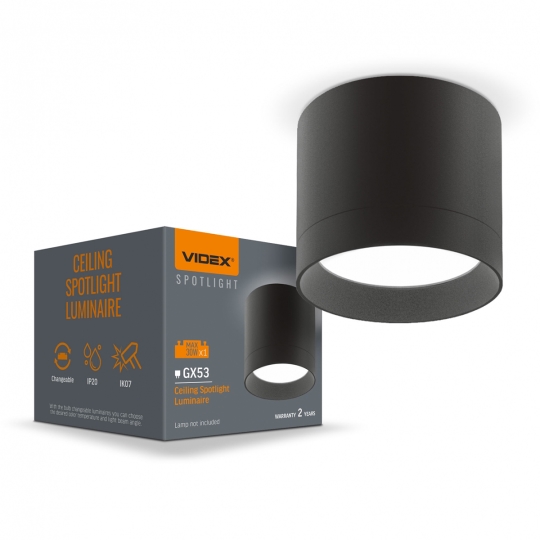 VL-SPF19A-B Світильник точковий накладний VIDEX, GX53, SPF19A, круг, чорний, IP44