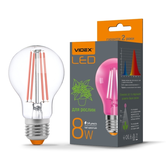 Лампа світлодіодна LD FILAMENT A60FF 8W E27 VIDEX фітолампа