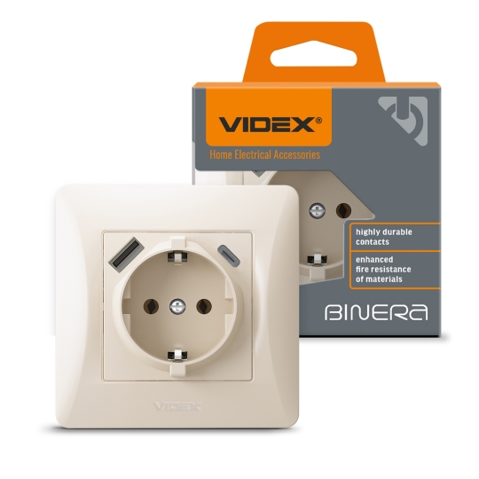 Розетка з з.к. і USB-A+USB-C, кремова, VF-BNSK1GUC-CR, BINERA, VIDEX