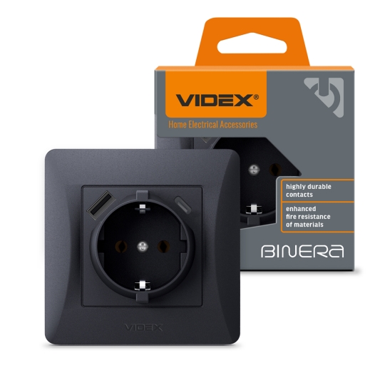 Розетка з з.к. і USB-A+USB-C, чорний графіт, VF-BNSK1GUC-BG, BINERA, VIDEX