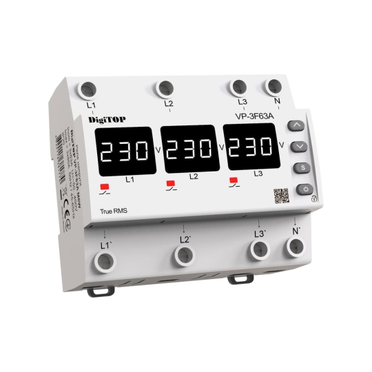 Реле контролю напруги 3ф, 63А, VP-3F63A M6W, з термозахистом, DigiTOP