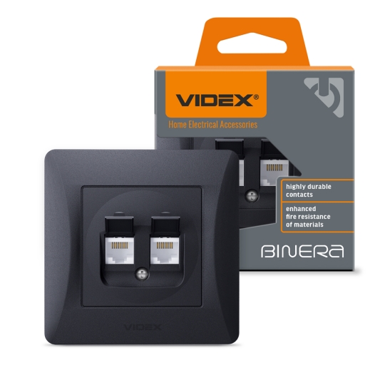 Розетка комп'ютерна подвійна, Cat6, чорний графіт, VF-BNSK2PC6-BG, BINERA, VIDEX