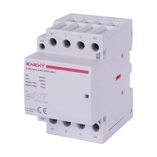 p005231 Модульний контактор на DIN-рейку, e.mc.pro.4.63.2NO+2NC, 4p, 63А, 2NO+2NC, 220В, E.Next