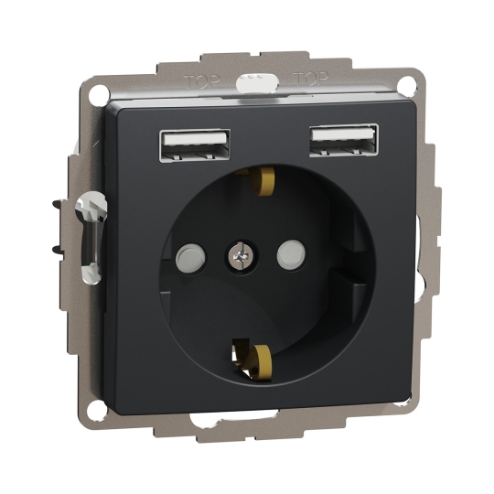 SDD114052 Розетка з з.к. і шторками + 2 USB, чорна, Sedna Design, Schneider Electric