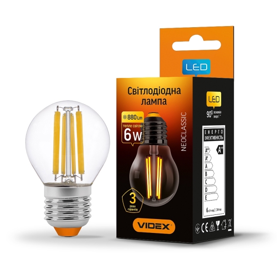 Лампа світлодіодна LD FILAMENT G45F 6W E27 3000K VIDEX