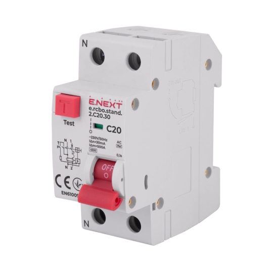 s034104 Вимикач диференційного струму (дифавтомат) e.rcbo.stand.2.C20.30, 2p, 20A, C, 30мА, E.Next