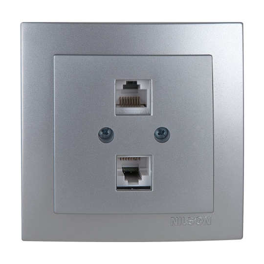 24131046 Розетка комп'ютерна подвійна RJ45, Cat.5E, срібло, Touran, Nilson