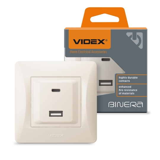 Розетка з USB-A+USB-C, PD20W, кремова, VF-BNCHRUC20-CR, BINERA, VIDEX