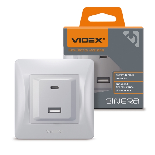 Розетка з USB-A+USB-C, PD20W, срібний шовк, VF-BNCHRUC20-SS, BINERA, VIDEX