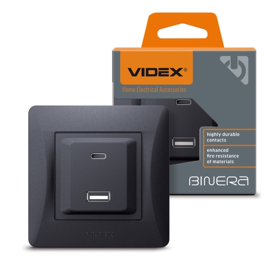 Розетка з USB-A+USB-C, PD20W, чорний графіт, VF-BNCHRUC20-BG, BINERA, VIDEX
