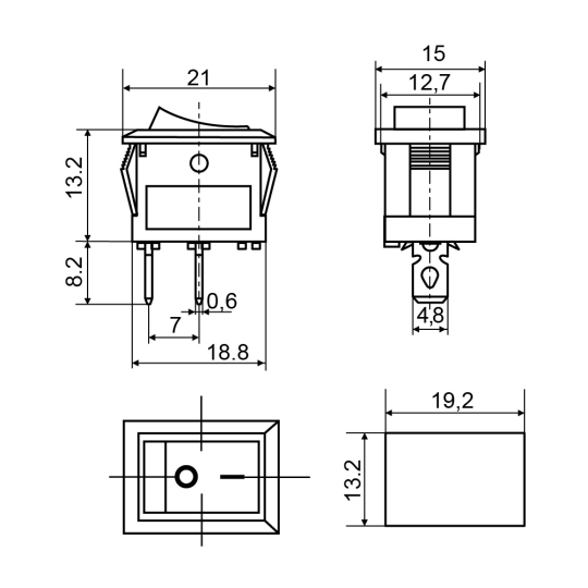 A0140040050 Перемикач 1кл прямокутний, чорний, KCD1-101 B/B, Аско