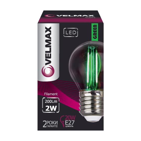 Лампа світлодіодна FILAMENT G45 2W E27 VELMAX зелена