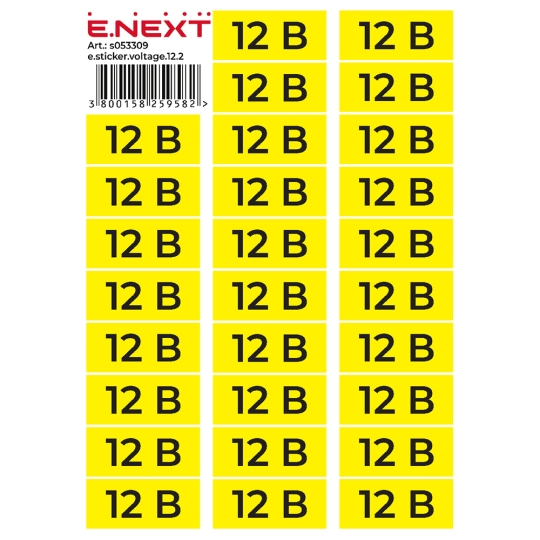 s053309 Самоклеюча наліпка "12В" e.sticker.voltage.12.2 (90х38мм) 26 шт/аркуш Enext