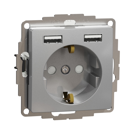 SDD113052 Розетка з з.к. і шторками + 2 USB, алюміній, Sedna Design, Schneider Electric