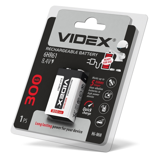 Акумуляторна батарейка 6HR61, 300mAh, blister, Videx (уп./1шт.)