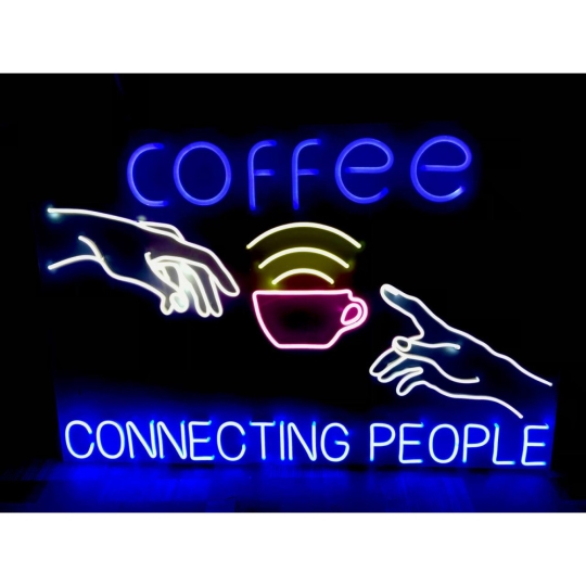 Неонова вивіска "COFFEE CONNECTING PEOPLE", кольорова, 900х600мм