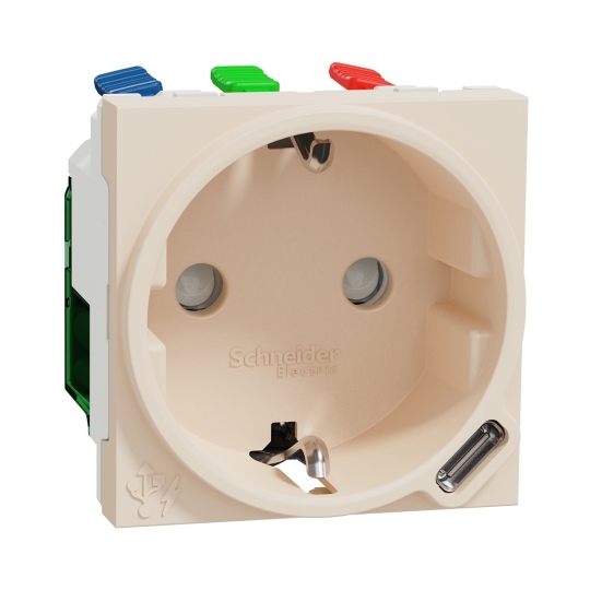 NU301744 Розетка з з.к. і шторками + USB тип C, 2 модулі, бежева, New Unica, Schneider Electric