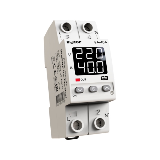 Реле контролю напруги 1ф, 40А, VA-40A M2W, з контролем струму, DigiTOP