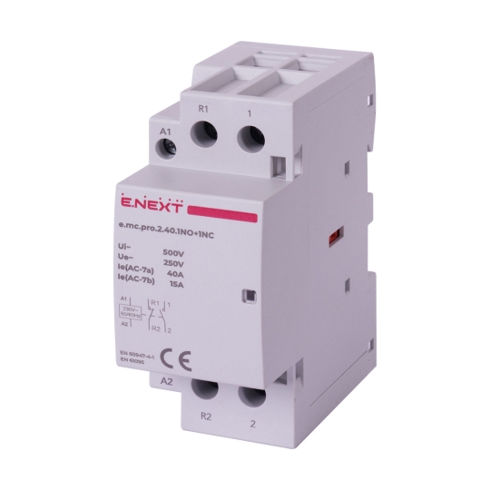 p005226 Модульний контактор на DIN-рейку, e.mc.pro.2.40.1NO+1NC, 2p, 40А, 1NO+1NC, 220В, E.Next