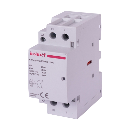 p005228 Модульний контактор на DIN-рейку, e.mc.pro.2.63.1NO+1NC, 2p, 63А, 1NO+1NC, 220В, E.Next