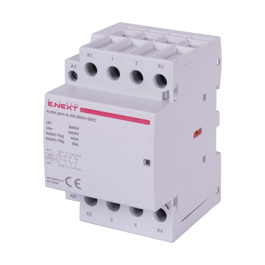 p005230 Модульний контактор на DIN-рейку, e.mc.pro.4.40.2NO+2NC, 4p, 40А, 2NO+2NC, 220В, E.Next