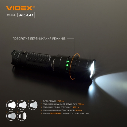 Ліхтарик світлодіодний ручний 1700 Лм, чорний, VLF-A156R, VIDEX