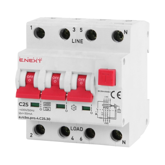 p0720016 Вимикач диференційного струму (дифавтомат) e.rcbo.pro.4.C25.30, 4p, 25A, C, 30мА, E.Next