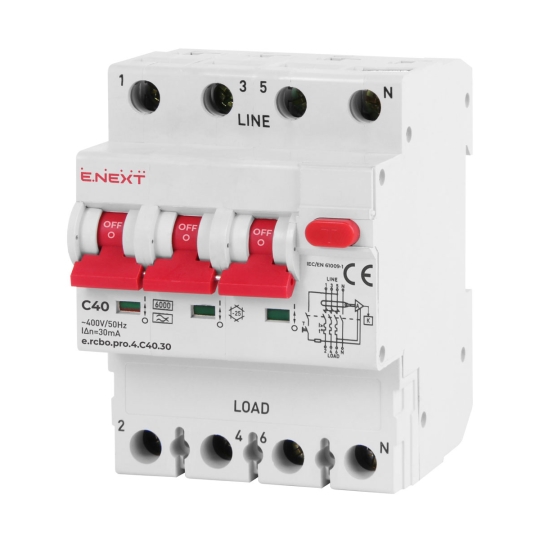 p0720018 Вимикач диференційного струму (дифавтомат) e.rcbo.pro.4.C40.30, 4p, 40A, C, 30мА, E.Next